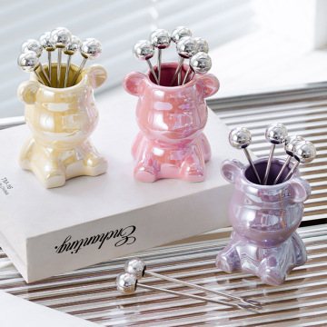 Nordic Light Luxury Ceramic Bear Fruit Fork Set with Stainless Steel Storage Tank