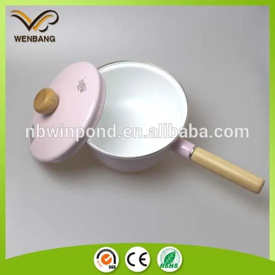 customized pink colored enamel milk boiling pot with bakelite handle