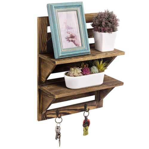 Rustic 2-Tier Wood Wall Mounted Storage Shelf Hooks