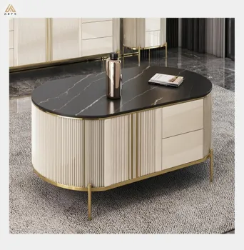 Factory Direct Nordic Luxury Living Room Furniture: Sintered Stone Stainless Steel Oval Coffee Table