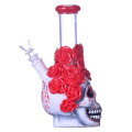 Esqueleto humano dibujado a mano y vaso de vidrio de rosa, lindo bong de Halloween, borosilicato de agua de agua, cachimba de vidrio