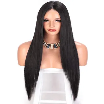 Vigorous Hot Selling In Stock Long Black Silky Straight Wave Middle Part Natural Hairline For Black Women Synthetic Hair Wigs