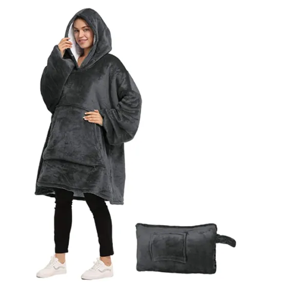 Outdoor Oversize Sherpa Hooded Sweatshirt Blanket Wearable Hoodie Blanket with Pocket 2 in 1