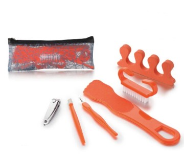 Orange 6PCS manicure kit and foot care tool in a nylon mesh bag