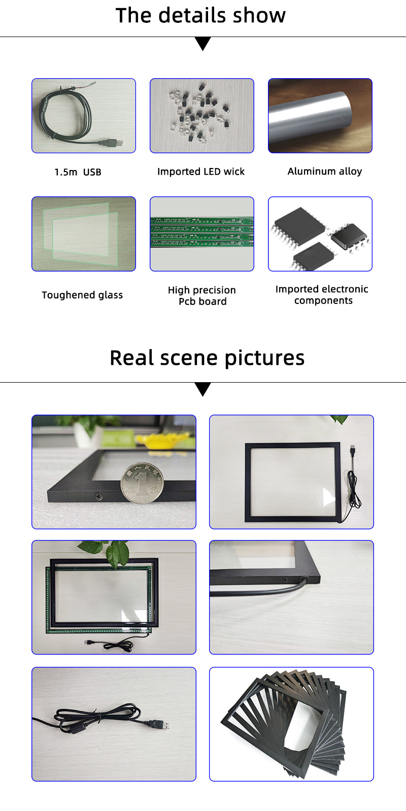 21,5 pouces 10 points tactile Cadre d'écran tactile Plan d'écran multiple avec fabricant de verre USB