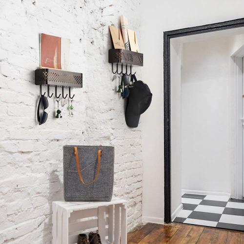 Metal Wall Storage Basket with Key Hooks