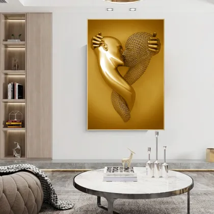 Romantic Abstract Wall Art: Golden Lovers Statue Canvas for Modern Living Rooms