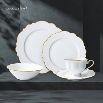 Gold and White Porcelain Dinner Plate and Cup Set