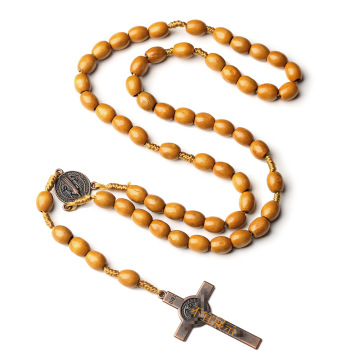 Collana per perle in legno da 8x10mm con ciondolo cross cristiano - collana di rosario unisex