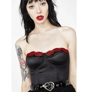 Elegant Black Embroidered Floral Underwire Bust Corset Bustier Top