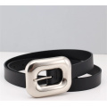 Gold Silver Large Buckle Genuine Leather Slim Belt