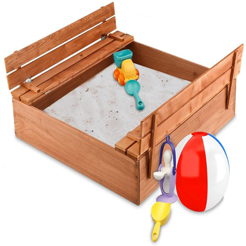 Children's outdoor kids wooden sandbox two bench seats