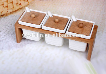 2014 Hot Sales Very beautiful Bamboo spice jar with 3 Ceramic bottle