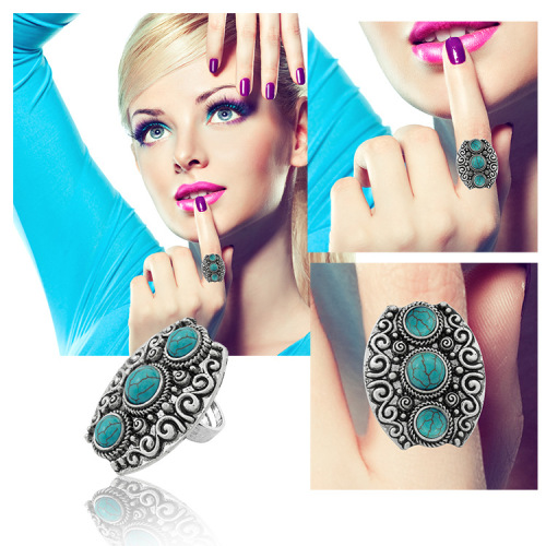 Women's Fashion 3PCS Round beads Zircon Synthetic Turquoise Ring