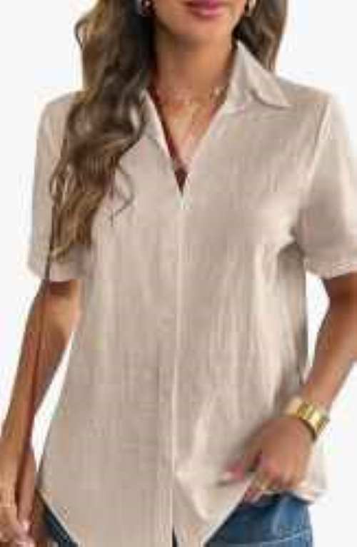 Women's linen button-down shirt with rolled-up short sleeves