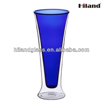 Blue borosilicate double wall beer glass