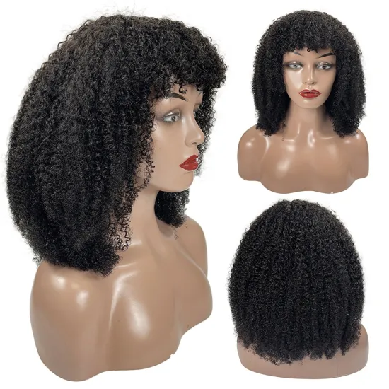 Fast Shipping 180% coily natural afro wig with fringe hair, Virgin Unprocessed brazilian hair wig for black women