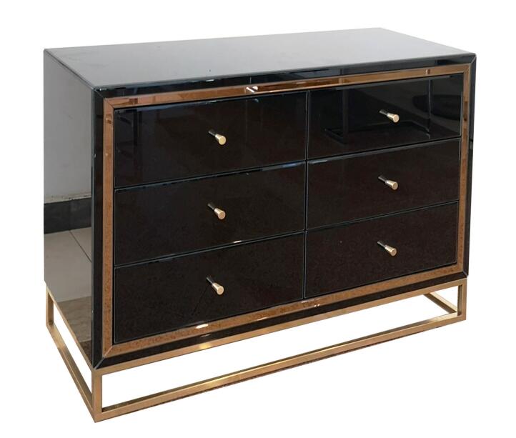 Verre noir mdf jambe métallique 6 tiroir