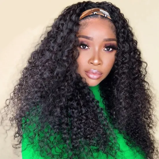 Wig headband real human hair without lace front deep wave wig machine made without glue headband curly hair 150% density black