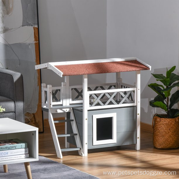 Wooden Cat House Shelter With Balcony Roof