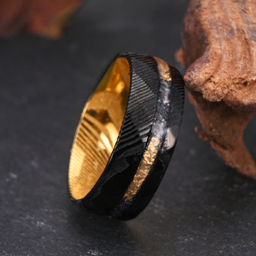 Mens Two Tone Damascus Steel Custom Wedding Band with Gold Leaf and Meteorite Inlay