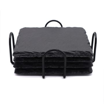 Black Slate Drink Stones - 4 Inch Square Coaster Set with Anti-Scratch Bottom for Home & Bar