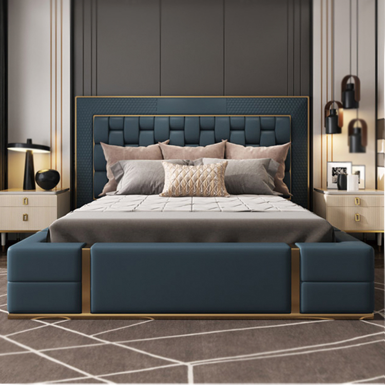 Modern Light Luxury Bedroom Furniture Balat King size Bed Bed High Back Golden Stainless Steel Base na may Imbakan