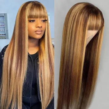 Cheap ombre human hair wig with bangs, straight wig with a bang, machine made 100 human hair wigs with bangs and highlights