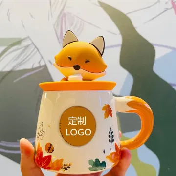 뚜껑이있는 귀여운 가을 테마 머그 그스트 : 메이플 리프, 토끼, 여우 및 다람쥐
