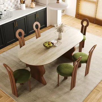 Modern French Retro Wooden Legs Dining Table Set with 6 Chairs - Slate Walnut Finish