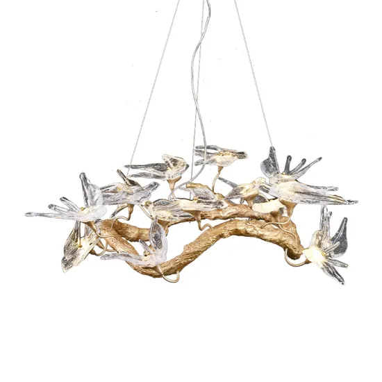 Hand-Made Luxury Bird Glass Tree Branch Copper Chandelier