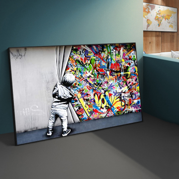 Street Art Banksy Graffiti Wall Art Behind The Curtain Canvas Paintings Cuadros Wall Art Pictures for Home Decor (No Frame)