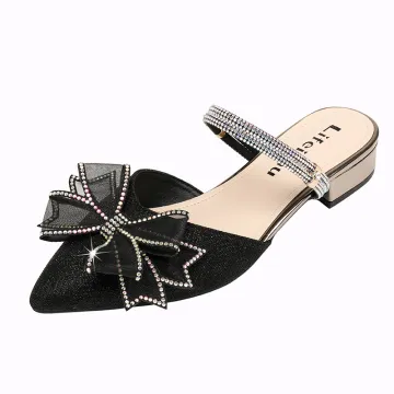 2024 Summer Women's Luxury Beach Mules: Large Size 43 Slippers with Pointed Thick Heels and Lace Bowknot Design