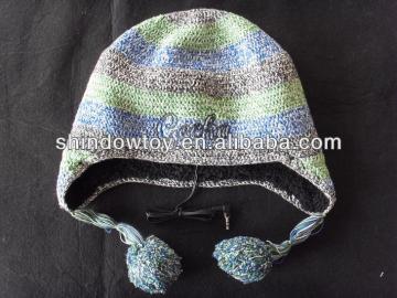 newest colorful strip knitted beanie hat with headset and pom-poms for kids
