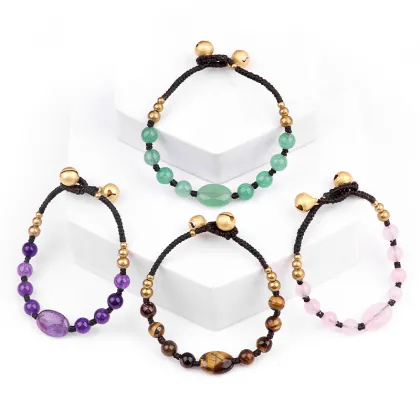 Natural Black Obsidian 6MM Beads Handmade Woven Golden Bell Bracelets for Women Girls