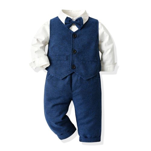 Top and Top Baby Boy Clothing Set Cotton Blue Vest Bow Tie Long Sleeve Shirt Pants Newborn Wedding Formal Party Wear Costume