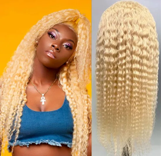 Wholesales 100% Virgin Hair Vendors Deep Curly Honey Blond 613 glueless full lace front wig