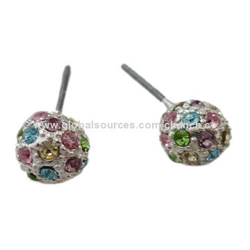 Hot-selling Stud Earring with Ball Pattern, Decorated with Colorful Crystals, Made of Alloy