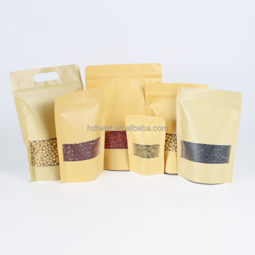 Resealable Ziplock Stand up Kraft Paper Bags Pouches with Glossy Clear Front Window for Food Storage