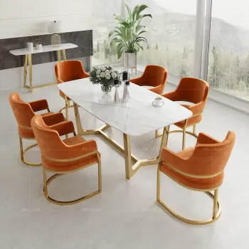 Fashion Golden Leg Dining Table Set with Fabric Chairs