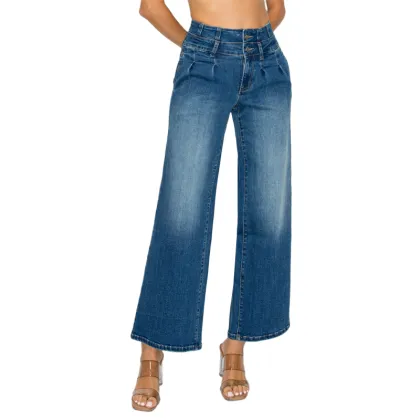 New Design Ladies Wide Leg Jeans Double Waist High Rise Denim Pants