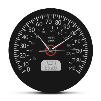 Speedometer Kilometers and Miles Printed Wall Clock Racing Mechanics Wall Art Black Car Dashboard Gauge Wall Watch Garage Decor