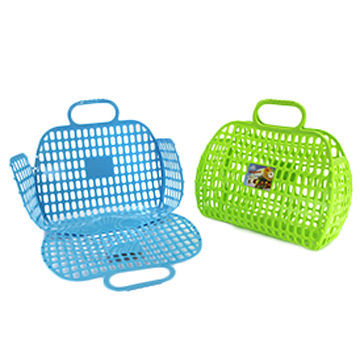 Blue or green plastic soft small portable basket with handle