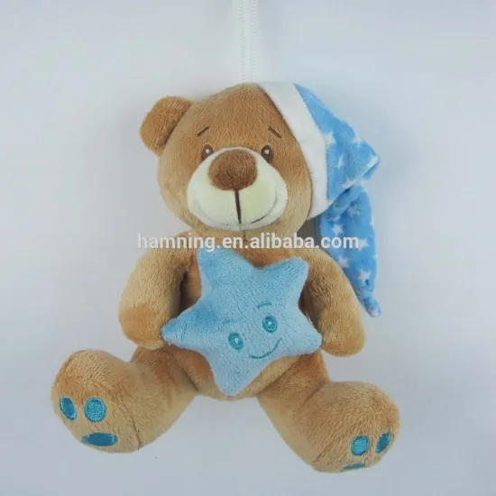 22cm sitting design plush bear toys in blue hat