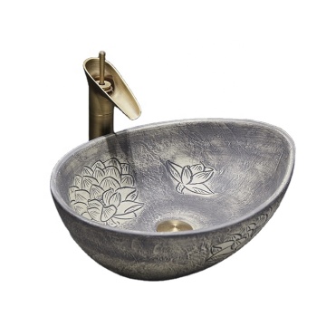 Nordic Oval Ceramic Bathroom Vessel Sink Lotus Pattern Egg Shape Hand Painted Basin