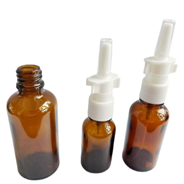 Amber glass bottles with plastic nasal spray bottle