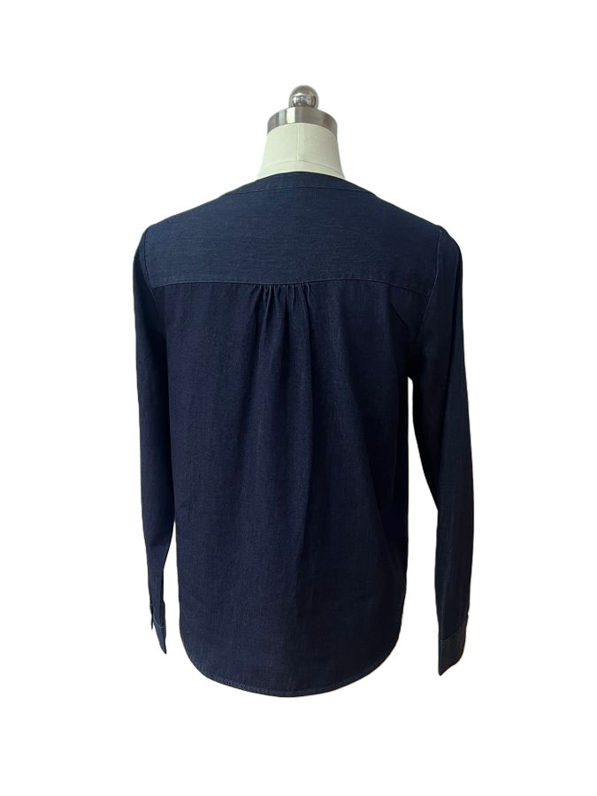 Denim Blue Cotton Blouse Solid-Color