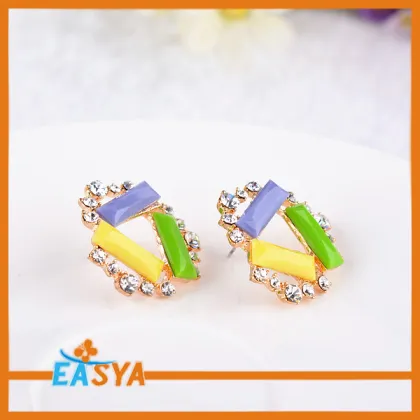 New Rainbow Color Crystal Gold Stud Earrings
