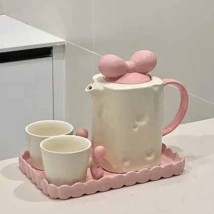 Cheese-Inspired Ceramic Tea Set with Pink Ribbon