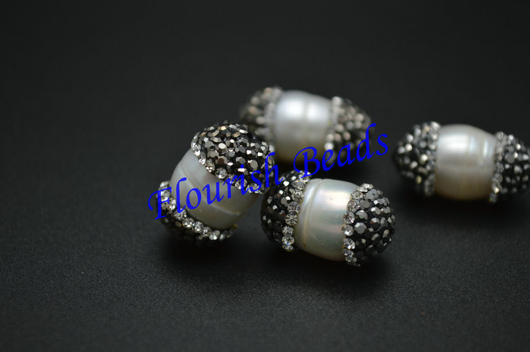 Paved Black Crystal Beads on Two Side White Fresh Water Pearl Potato Oval Shape Beads